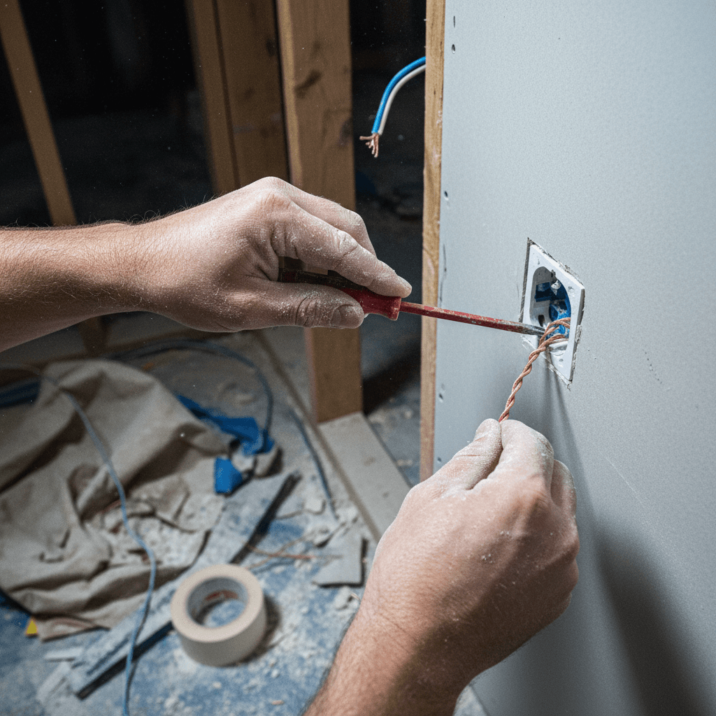 Detaillierte Aufnahme von Händen die eine Steckdose fachgerecht verkabeln