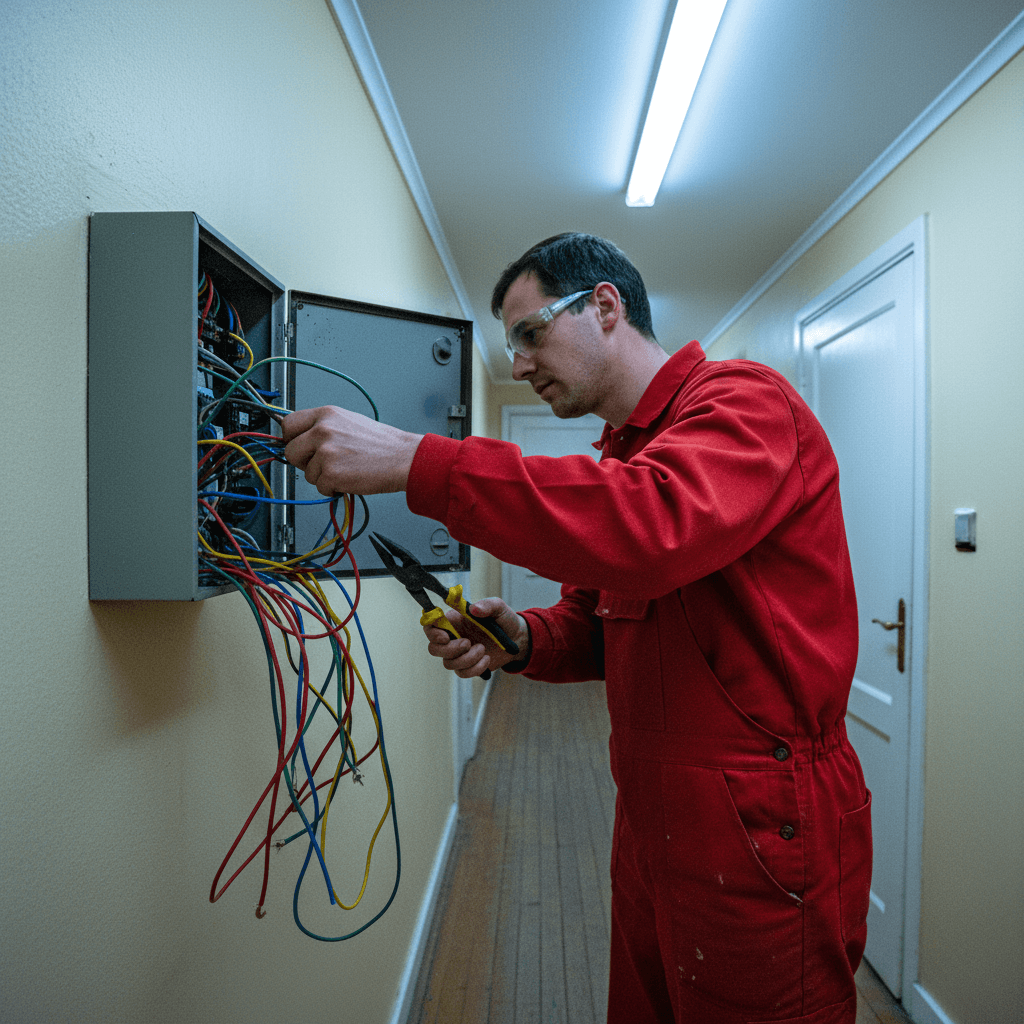 Professioneller Elektriker bei der Arbeit am Sicherungskasten mit Werkzeug